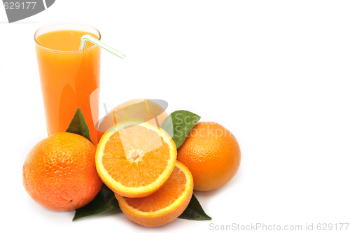 Image of Oranges with green leaves and glass of juice on a white backgrou