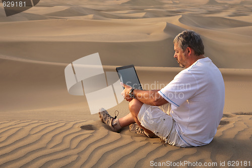 Image of Man with laptop sitting in the desert.