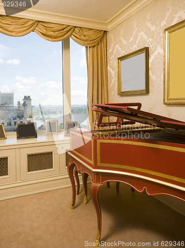 Image of harpsichord in penthouse bedroom with river view in new york cit