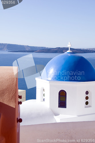 Image of blue dome churches and cyclades architecture oia ia santorini gr