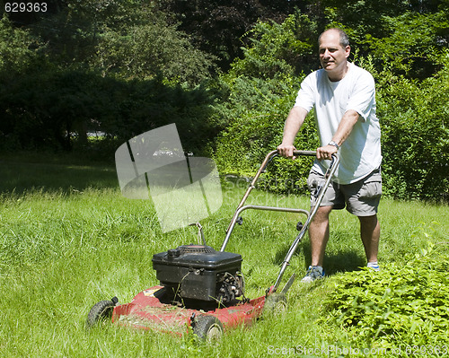 Image of man cutting grass at suburban house