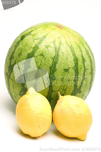 Image of personal size watermelon and two lemons