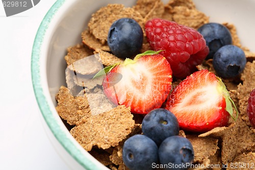 Image of Bowl of breakfast cereal with fruit.