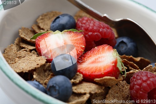 Image of Bowl of breakfast cereal with fruit and a spoon.