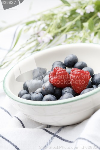 Image of Fresh blueberries and raspberries in a bowl.