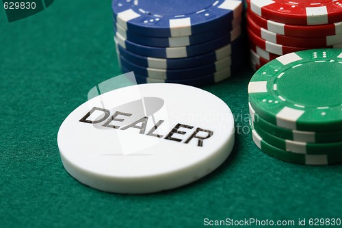Image of Dealer button and poker chips on a green surface.