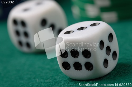 Image of Pair of gambling die and poker chips on a green surface.