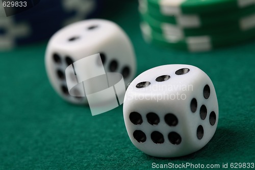 Image of Pair of gambling die and poker chips on a green surface.