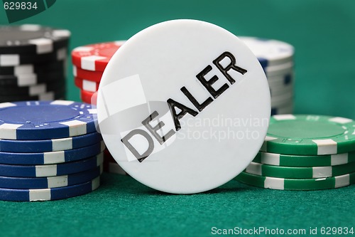 Image of Dealer button and poker chips on a green surface.