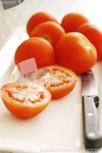 Image of Fresh tomatoes on a white plate.