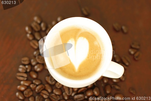 Image of Top view of piccolo latte with a coffee art design.