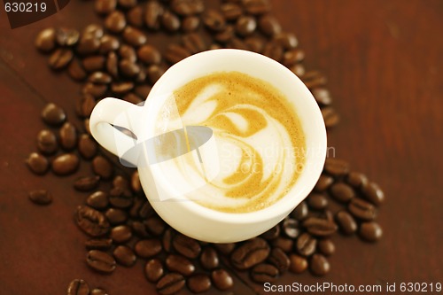 Image of Top view of piccolo latte with a coffee art design.