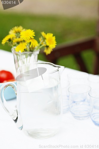 Image of Jug of water and glasses on a table.