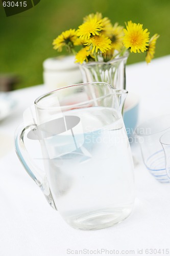 Image of Jug of water and glasses on a table.