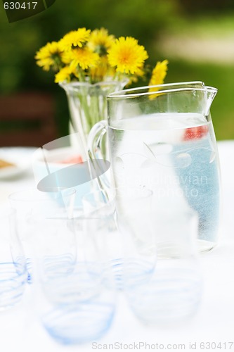 Image of Jug of water and glasses on a table.