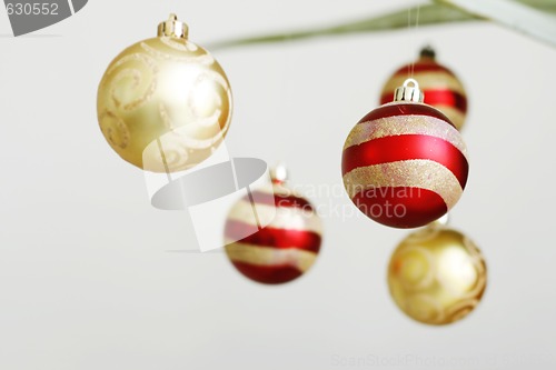 Image of Hanging decorative Christmas baubles.