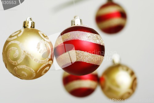 Image of Hanging decorative Christmas baubles.