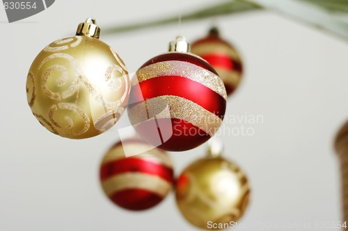 Image of Hanging decorative Christmas baubles.