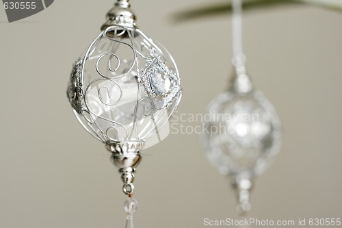 Image of Sparkly silver colored Christmas baubles.