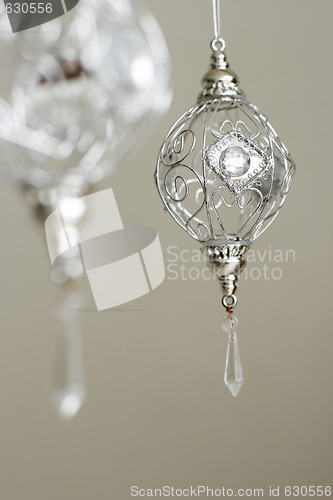 Image of Sparkly silver colored Christmas baubles.