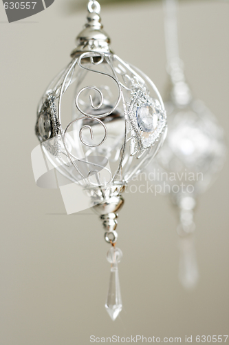Image of Sparkly silver colored Christmas baubles.