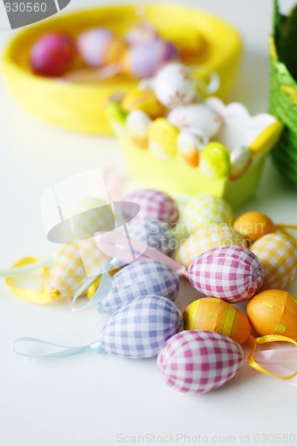 Image of Easter eggs, tray and basket.