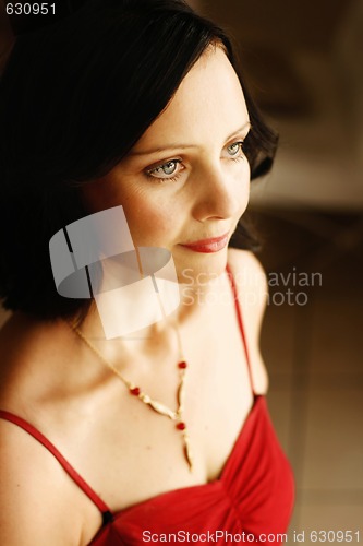 Image of Portrait of a beautiful woman in a red outfit.