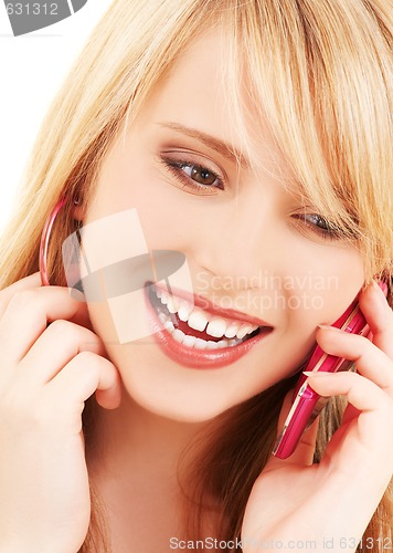 Image of happy girl with pink phone