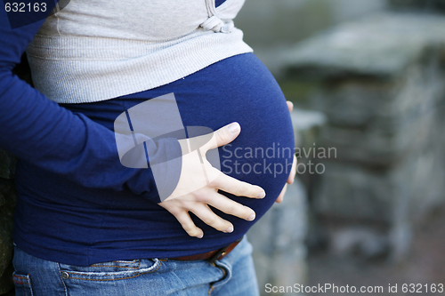 Image of Close-up of woman's pregnant belly.