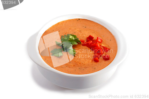 Image of White bowl of gaspacho soup on white background