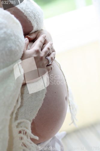 Image of Woman holding her bare pregnant belly indoors.