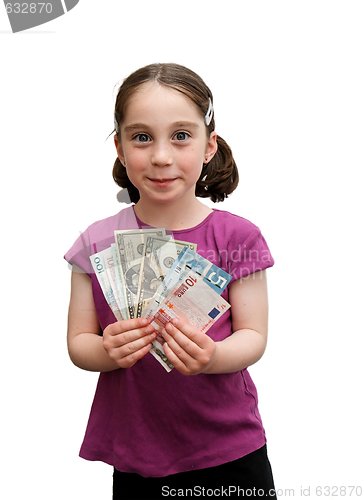 Image of Smiling cute girl holds a fan of banknotes isolated