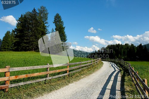 Image of Beautiful alpine countryside road among meadows and forests