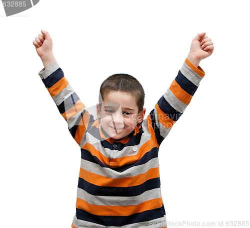 Image of Cute little boy rises his arms in a V-sign isolated