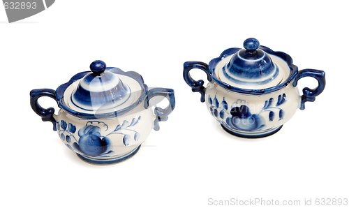 Image of Pair of blue and white porcelain sugar basins isolated