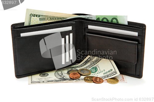 Image of Black wallet, banknotes and coins isolated