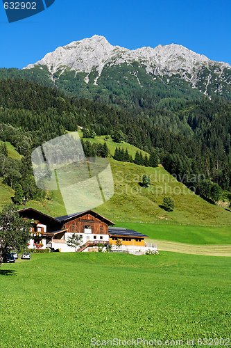 Image of Alpine chalet and meadows under the mountains