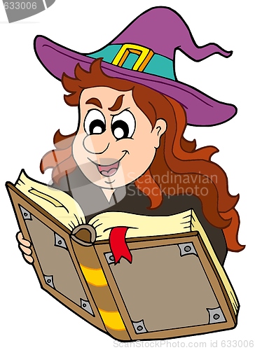 Image of Wizard girl reading magic book