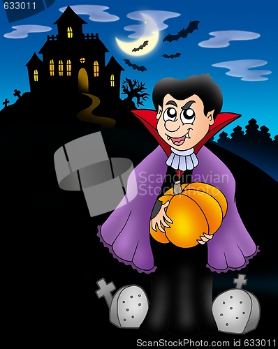 Image of Vampire with pumpkin before house