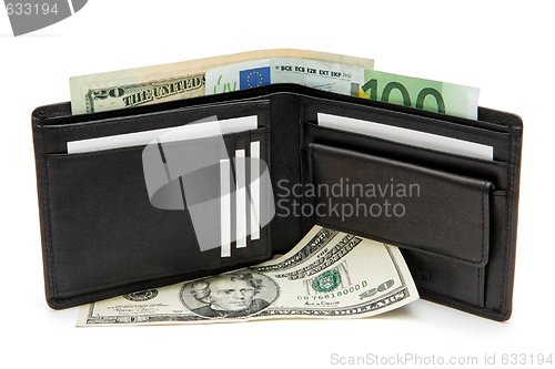 Image of Black wallet with business cards and banknotes isolated