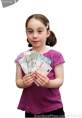 Image of Smiling cute girl holds a fan of banknotes isolated