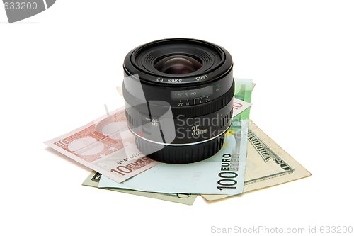 Image of Objective lens on banknotes isolated