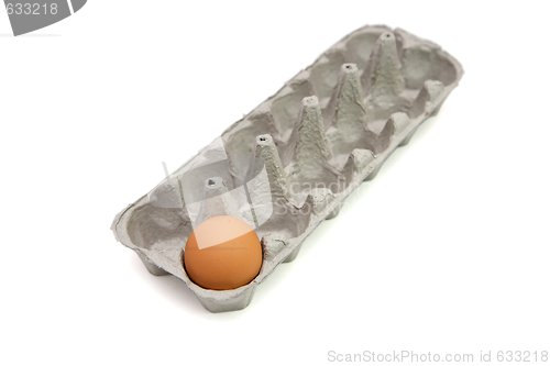 Image of Last remaining brown egg in a paper box isolated