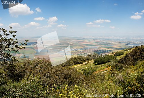 Image of Panoramic view on patchwork of fields from  mountain 