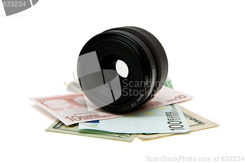Image of Objective lens on money isolated