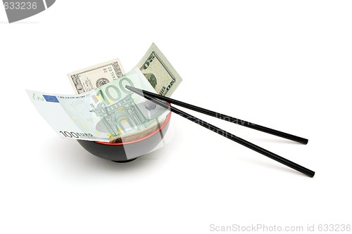 Image of Money in red and black oriental bowl  with chopsticks isolated