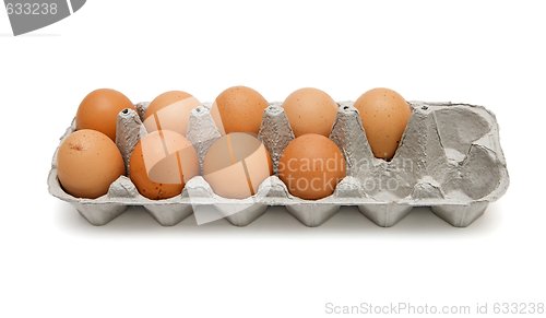 Image of Nine brown eggs in a paper box isolated