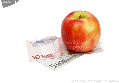 Image of Red apple on small euro bills isolated