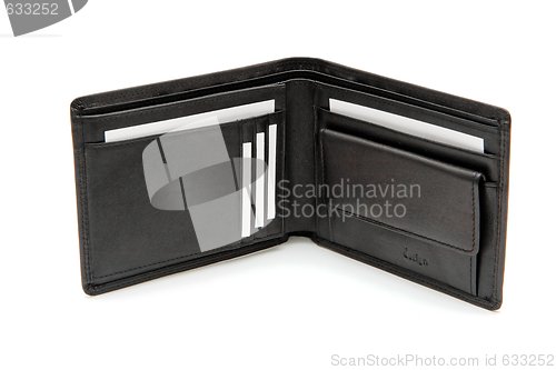 Image of Open black wallet with white business cards isolated