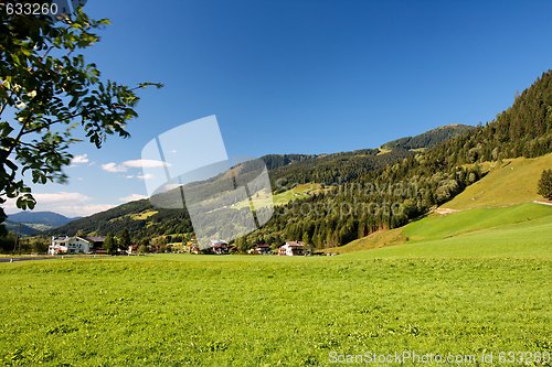 Image of Alpine chalets and meadows under the mountains